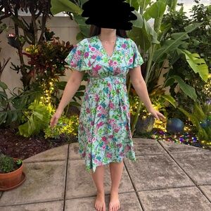 Vintage Aloha Dress, Floral blues and pinks, Summer wedding
